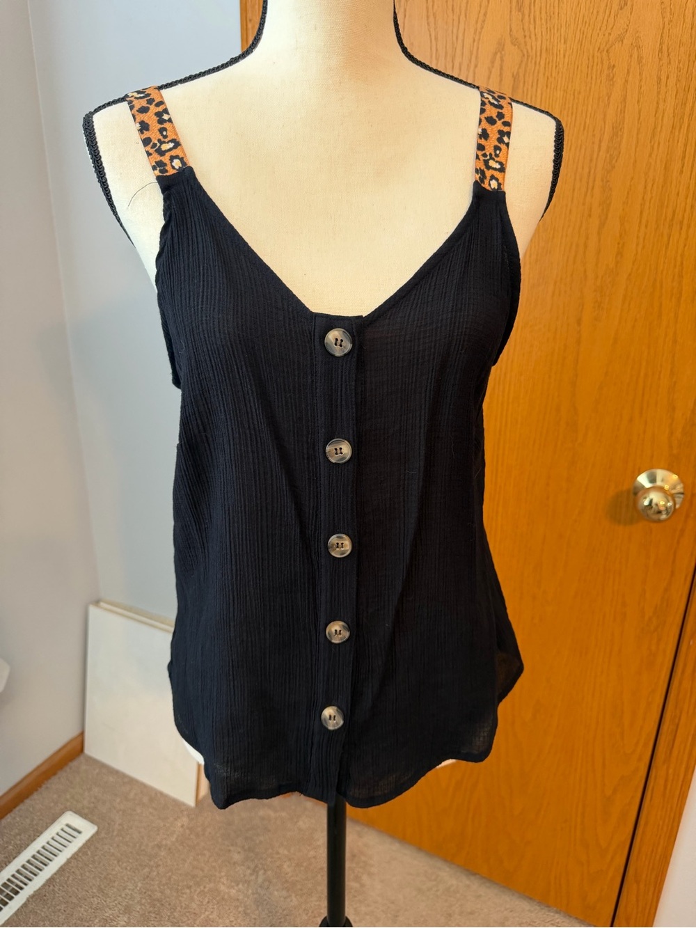 mine Black Button-Front Camisole with Leopard Straps